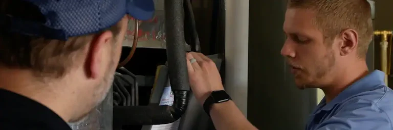 Two men inspect and discuss equipment in an industrial setting—one points at insulated piping as they compare features, considering the benefits of a gas versus electric furnace.